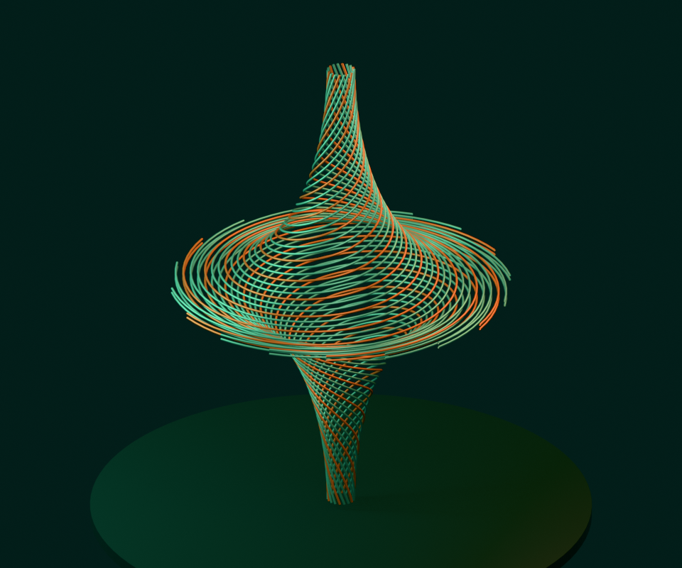 Blender-rendered schematic of mint and coral spirals entering a vortex and escaping along its axis